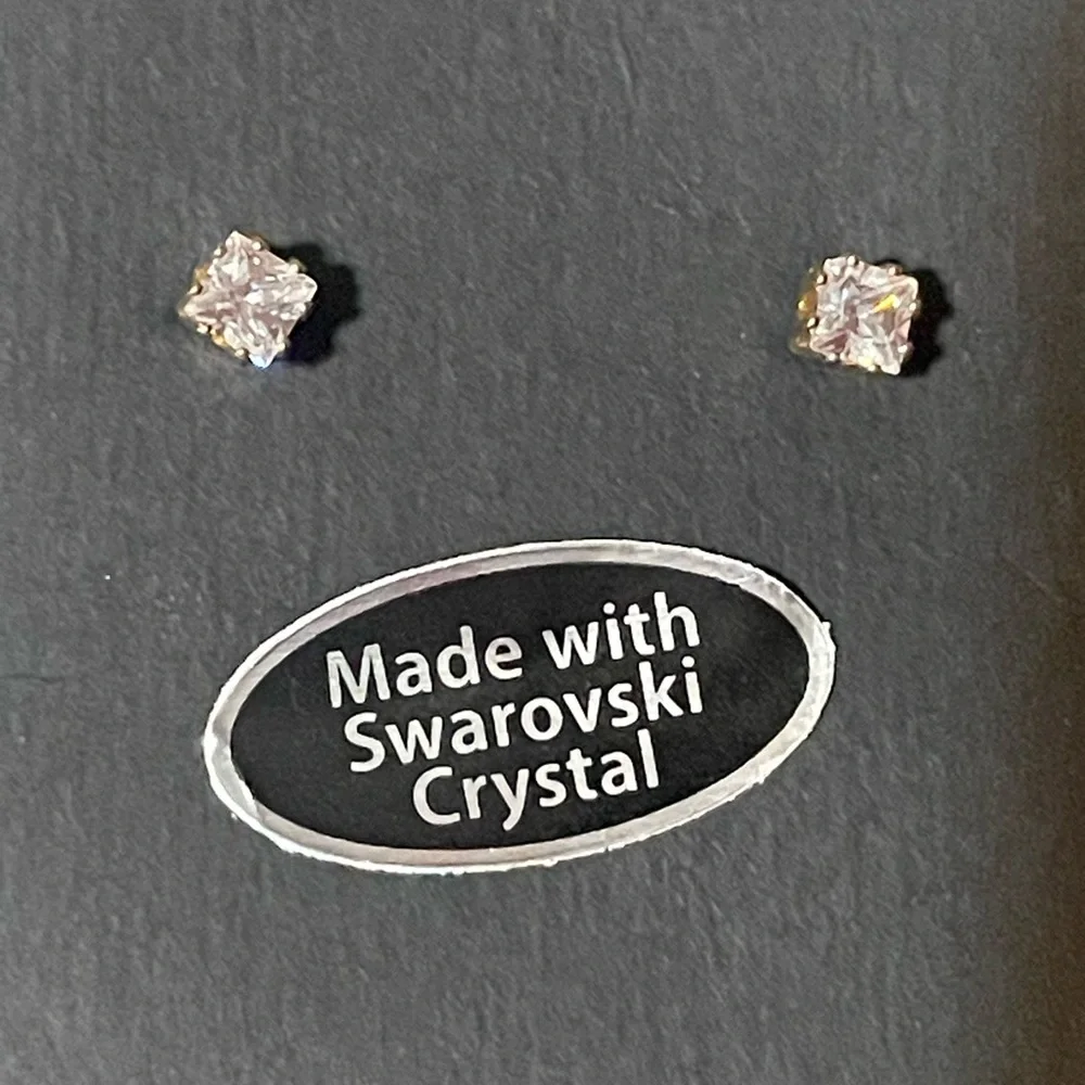 Swarovski Silver Square Cut Crystal Stud Earrings‎ with Gold Trim and Backing.